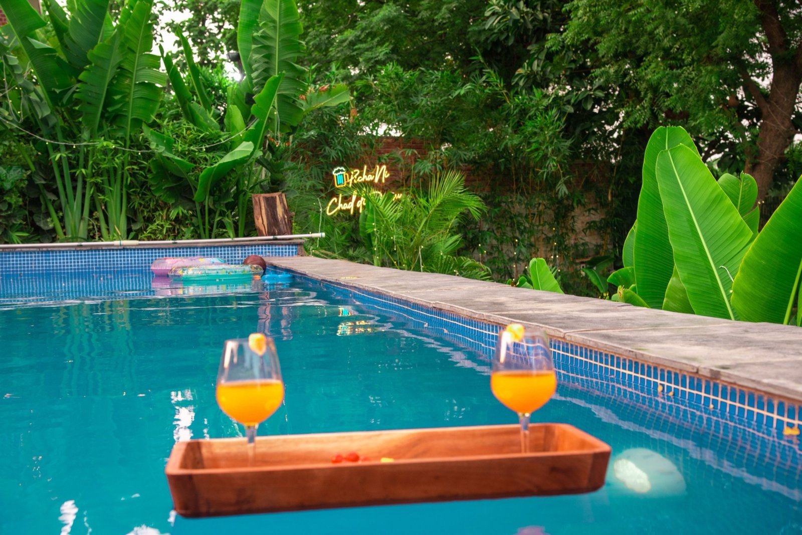 Infinity pool with floating drinks tray — We Woods Farm farmhouse Gurgaon Manesar