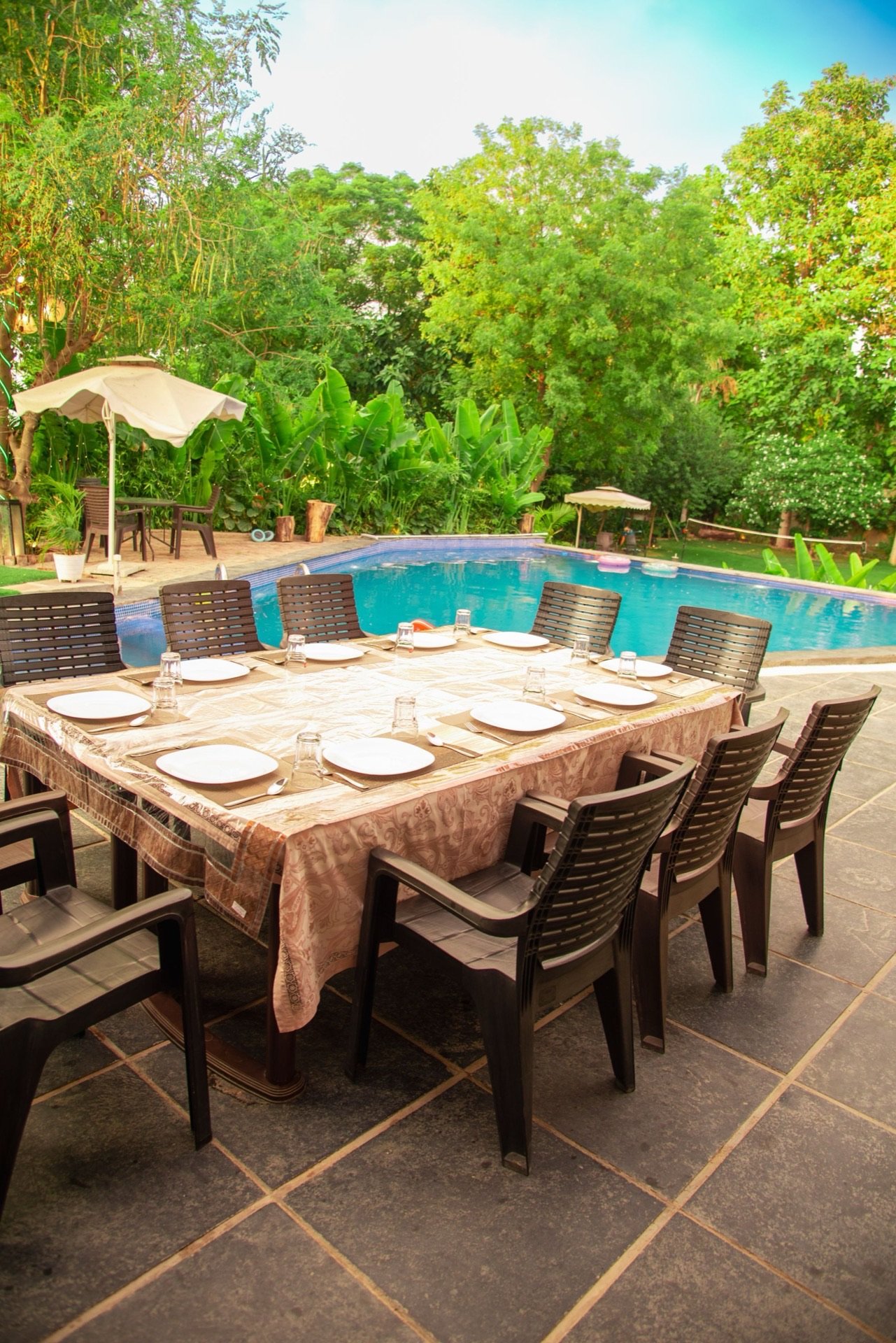 Outdoor poolside dining at We Woods Farm — chemical-free pool Manesar Gurgaon